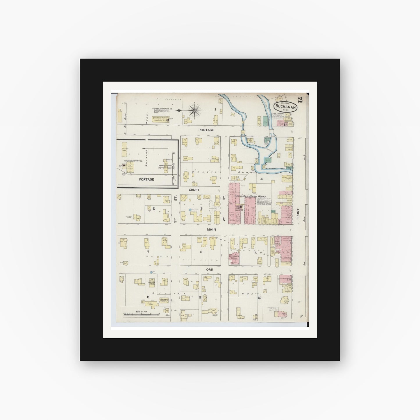 Old map wall art mockup — black gallery frame with white mat — Sanborn Fire Insurance Map from Buchanan, Berrien County, Michigan (1889), Sheet #0002