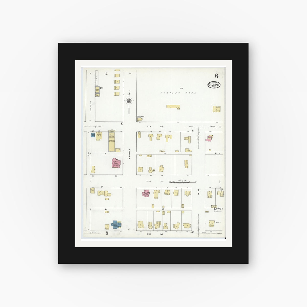 Old map wall art mockup — black gallery frame with white mat — Sanborn Fire Insurance Map from Graham, Young County, Texas (1920), Sheet #0006