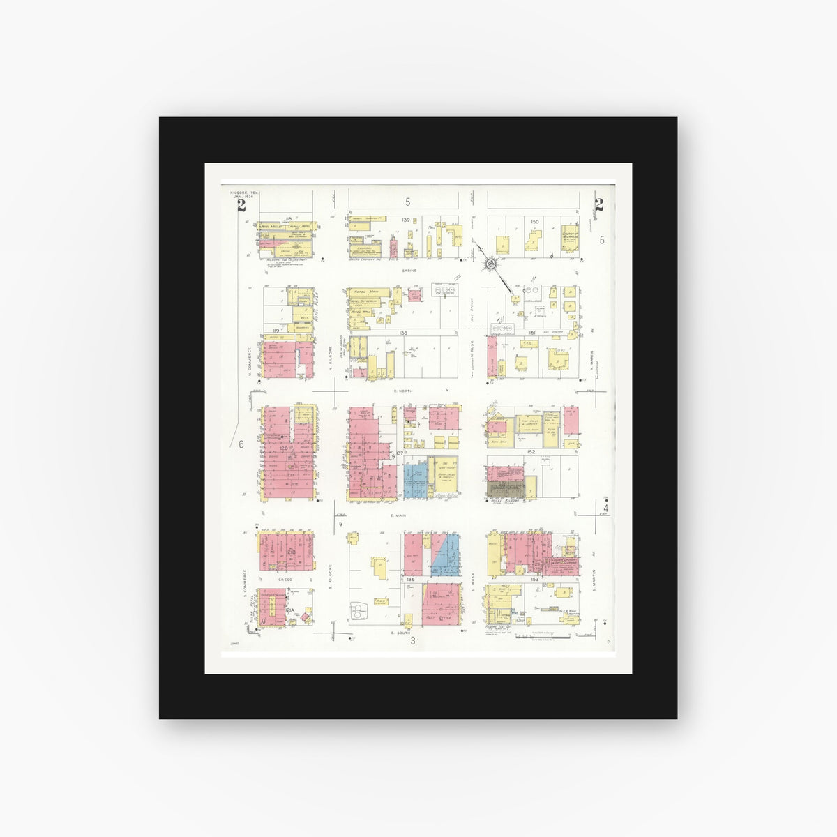 Old map wall art mockup — black gallery frame with white mat — Sanborn Fire Insurance Map from Kilgore, Gregg County, Texas (1936), Sheet #0002