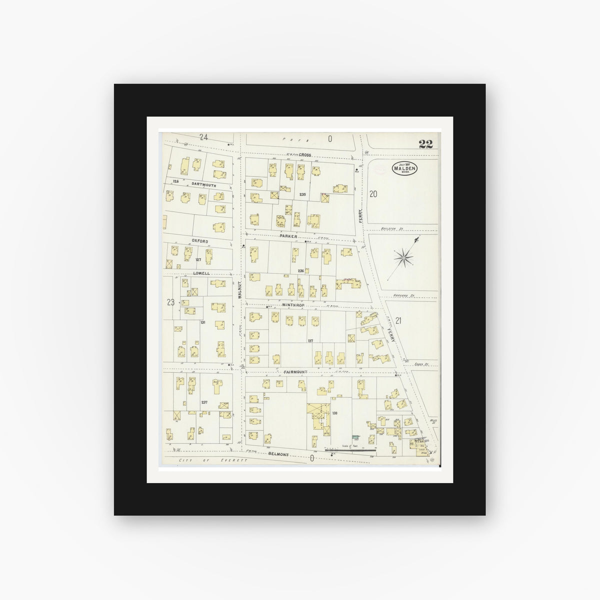 Old map wall art mockup — black gallery frame with white mat — Sanborn Fire Insurance Map from Malden, Middlesex County, Massachusetts (1897), Sheet #0022