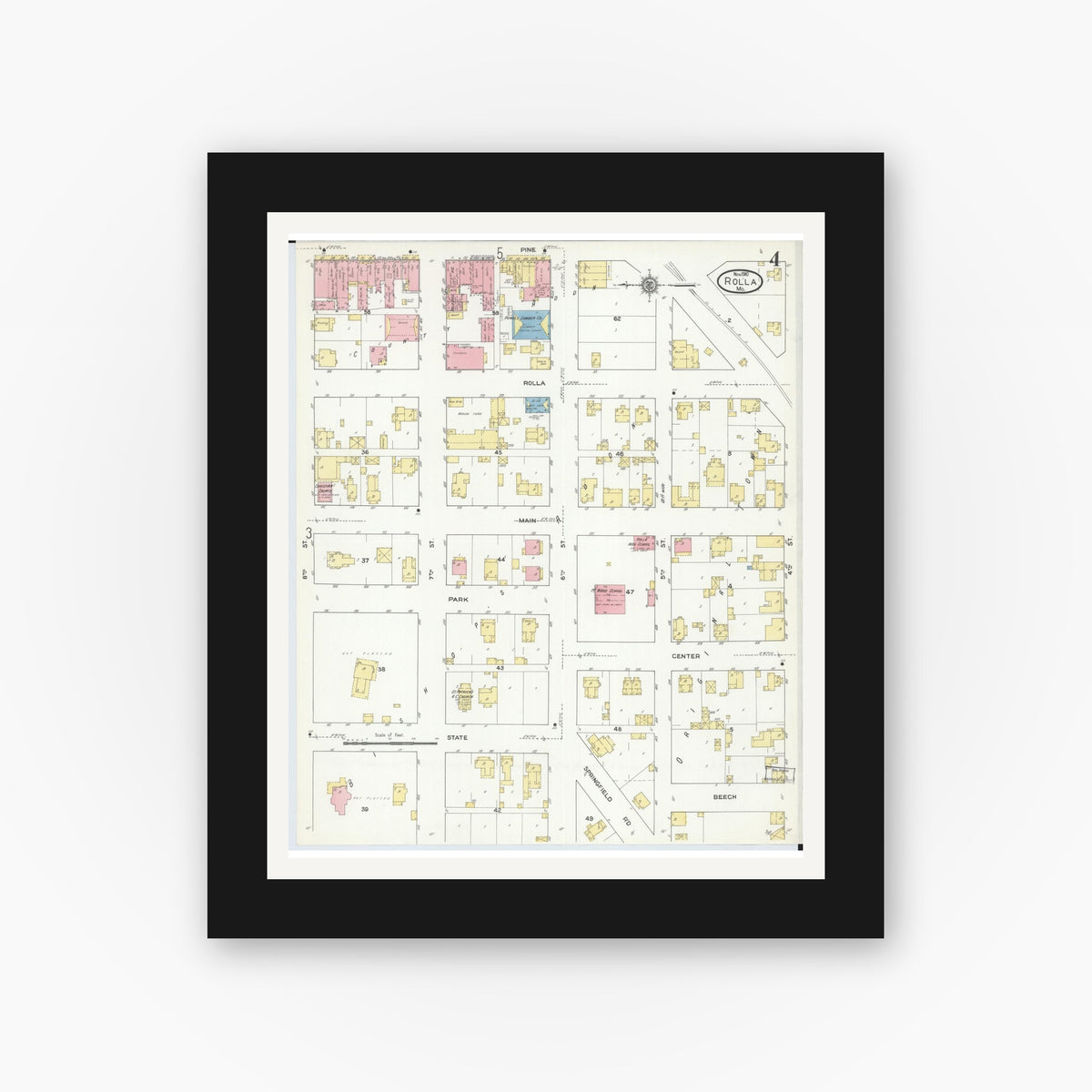 Old map wall art mockup — black gallery frame with white mat — Sanborn Fire Insurance Map from Rolla, Phelps County, Missouri (1910), Sheet #0004