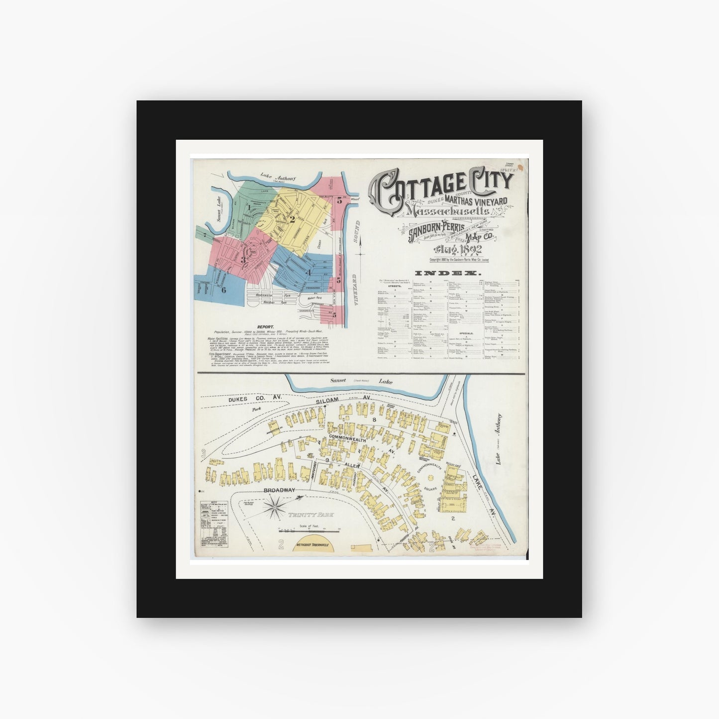 Old map wall art mockup — black gallery frame with white mat — Sanborn Fire Insurance Map from Cottage City, Dukes County, Massachusetts (1892), Sheet #0001