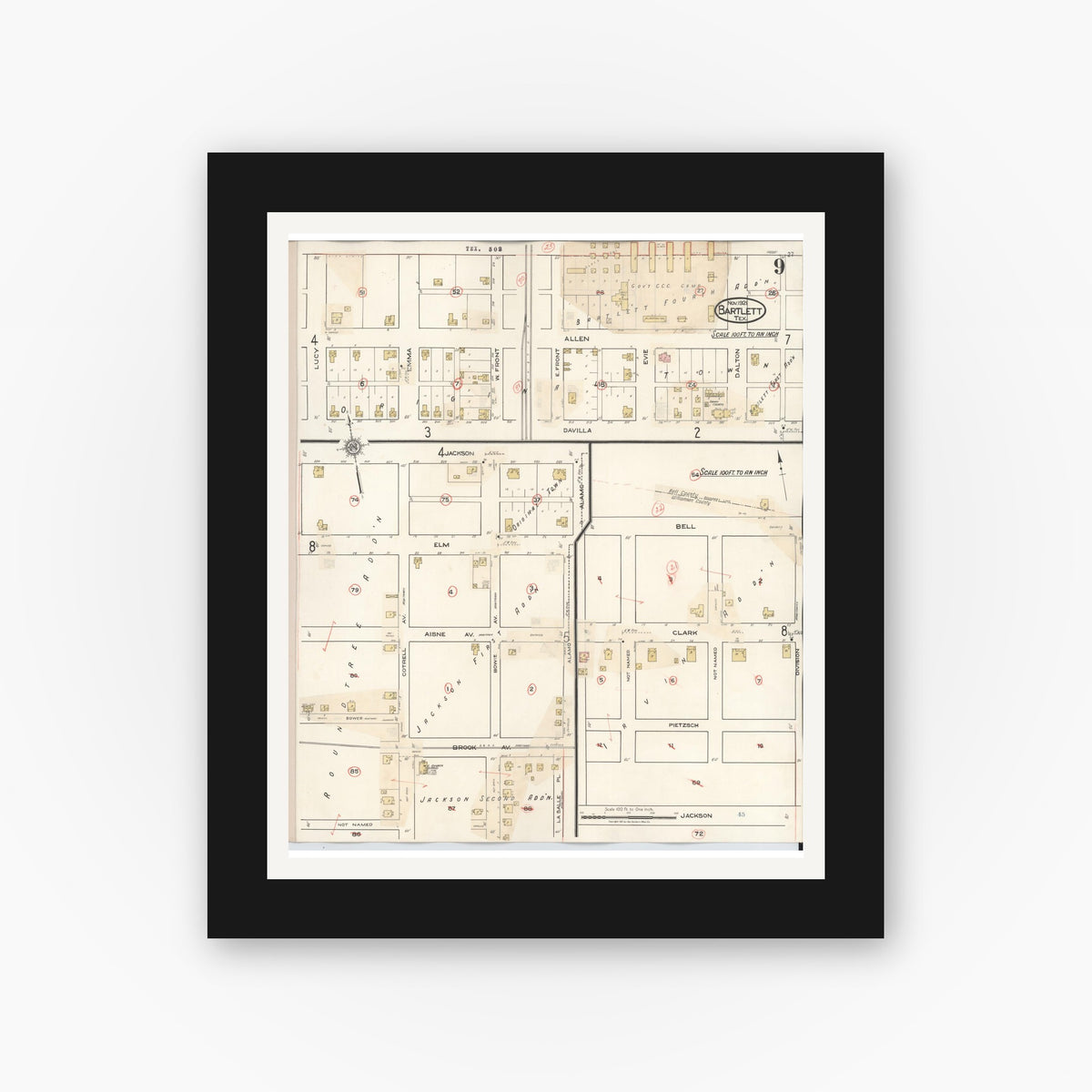 Old map wall art mockup — black gallery frame with white mat — Sanborn Fire Insurance Map from Bartlett, Bell and Williamson Counties, Texas (1940), Sheet #0009