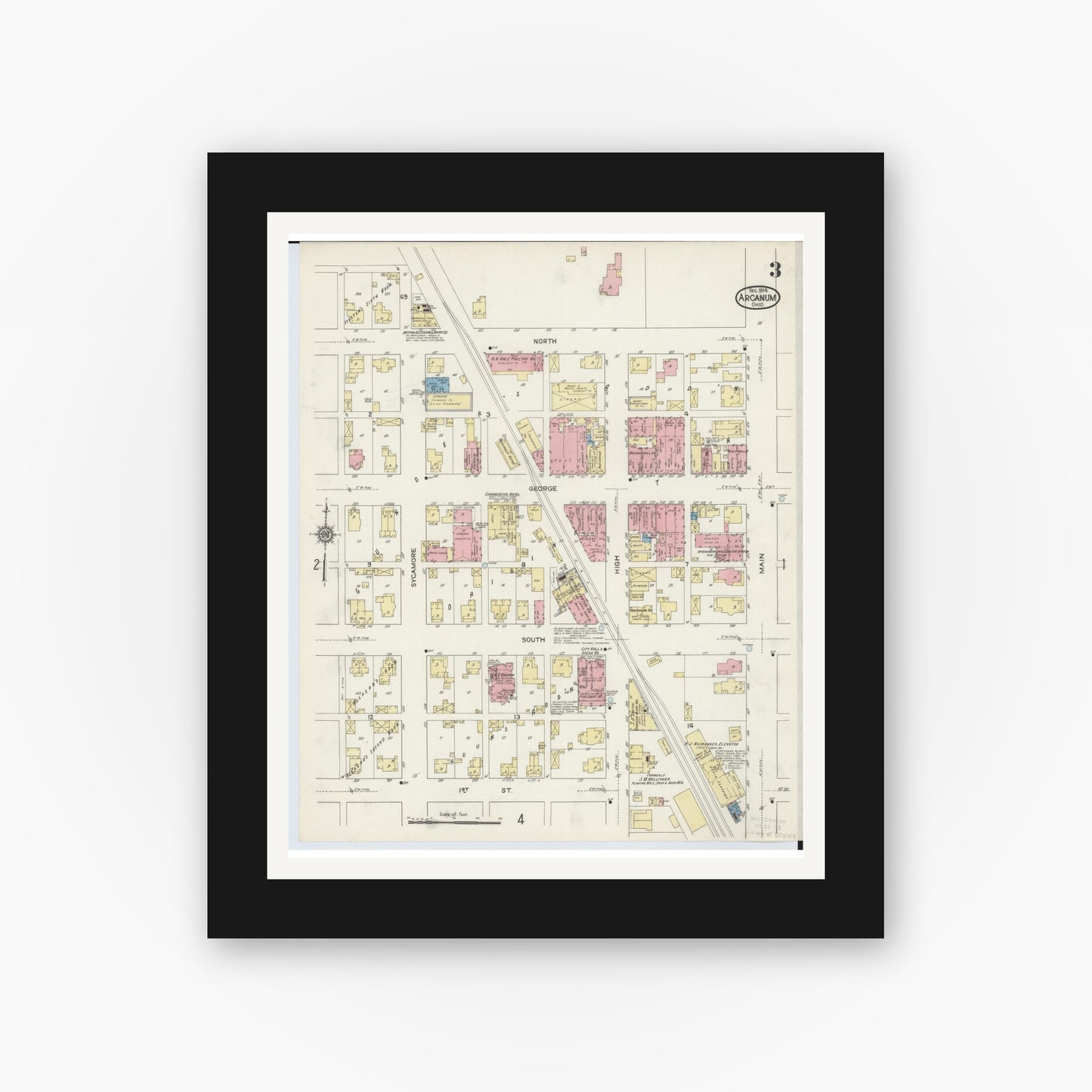 Old map wall art mockup — black gallery frame with white mat — Sanborn Fire Insurance Map from Arcanum, Darke County, Ohio (1914), Sheet #0003