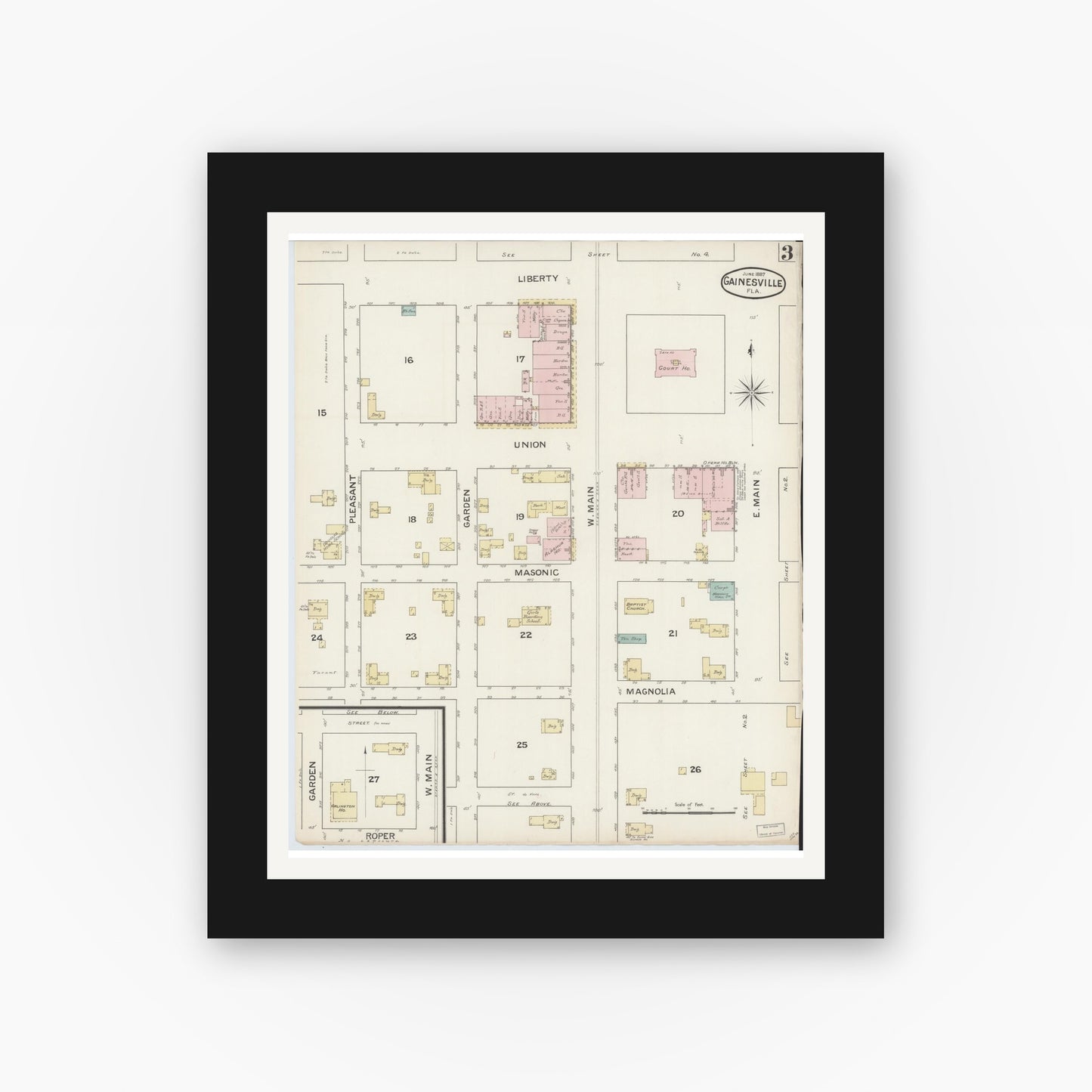 Old map wall art mockup — black gallery frame with white mat — Sanborn Fire Insurance Map from Gainesville, Alachua County, Florida (1887), Sheet #0003