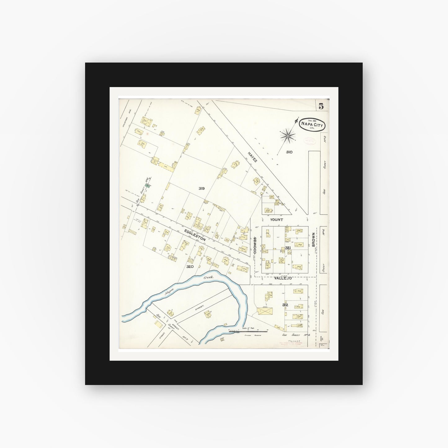 Old map wall art mockup — black gallery frame with white mat — Sanborn Fire Insurance Map from Napa, Napa County, California (1891), Sheet #0005