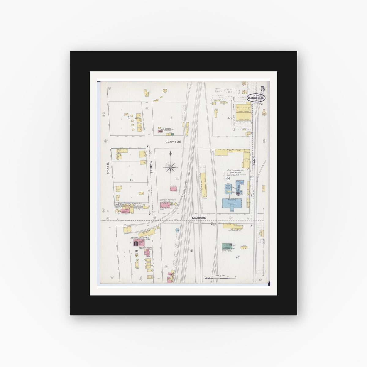 Old map wall art mockup — black gallery frame with white mat — Sanborn Fire Insurance Map from Waukegan, Lake County, Illinois (1894), Sheet #0005