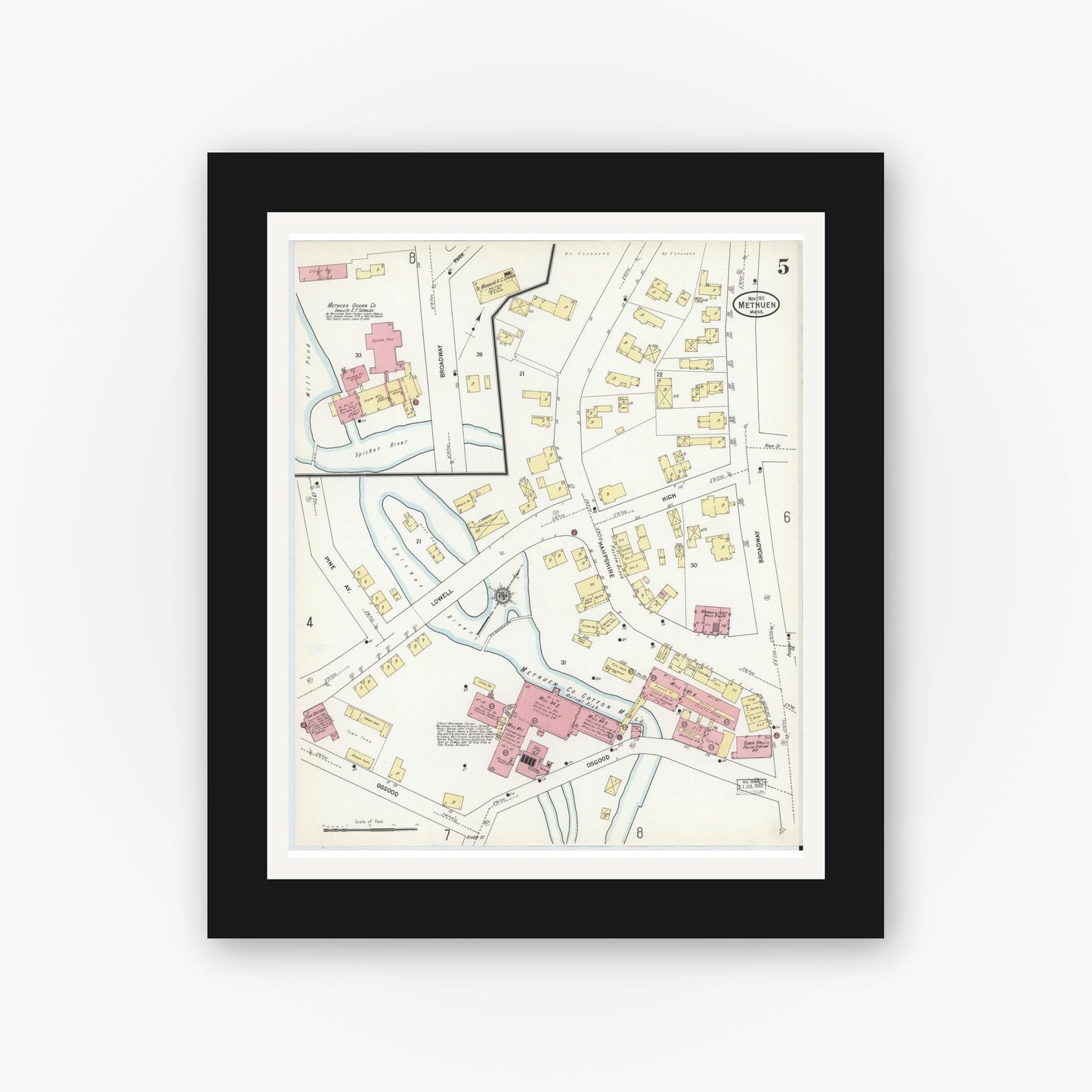 Old map wall art mockup — black gallery frame with white mat — Sanborn Fire Insurance Map from Methuen, Essex County, Massachusetts (1911), Sheet #0005