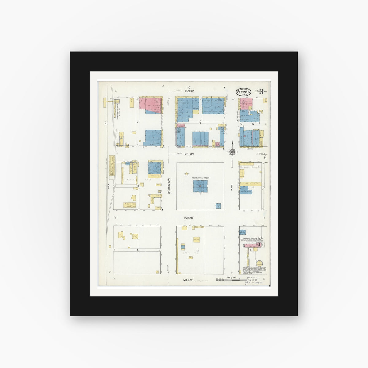 Old map wall art mockup — black gallery frame with white mat — Sanborn Fire Insurance Map from Seymour, Baylor County, Texas (1916), Sheet #0003