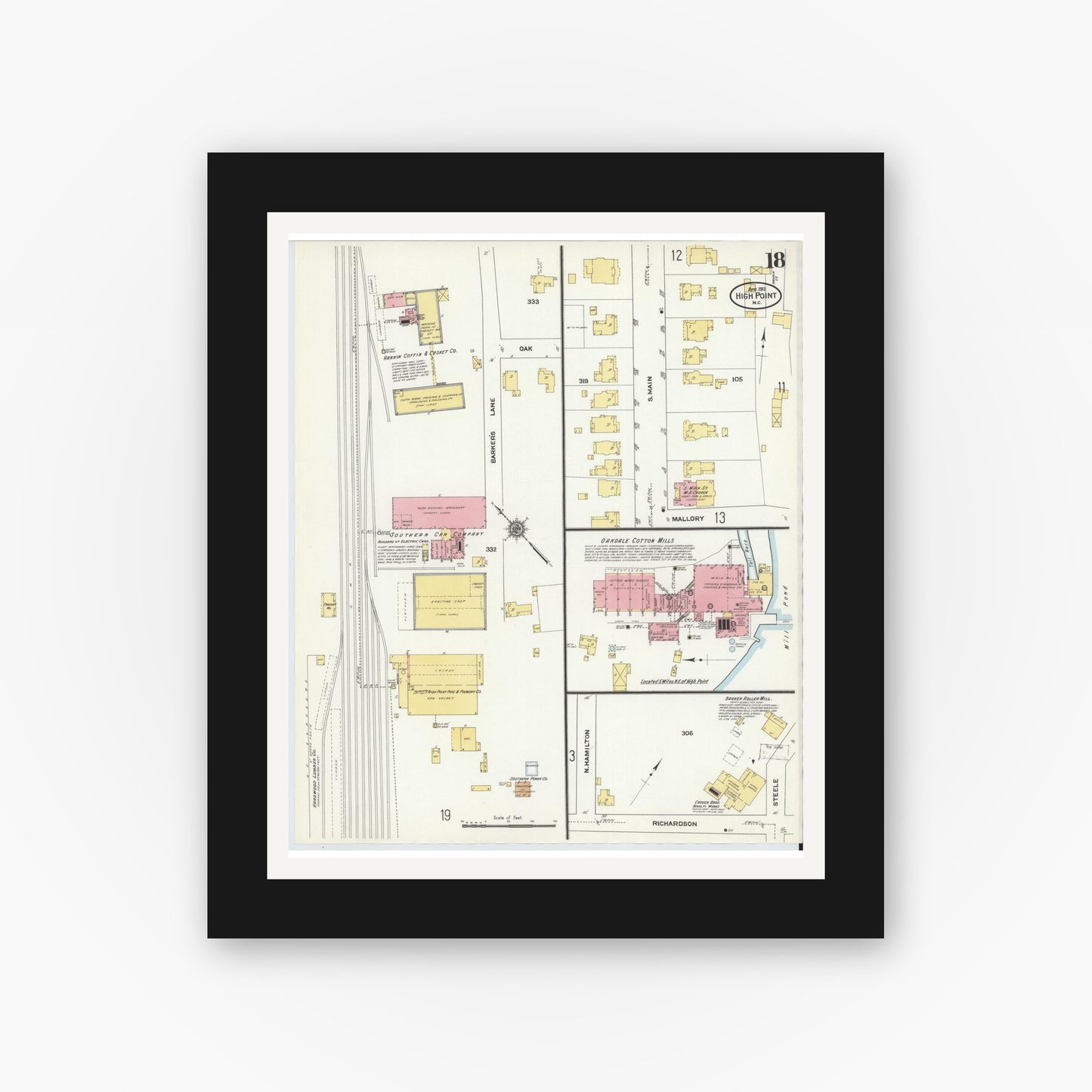Old map wall art mockup — black gallery frame with white mat — Sanborn Fire Insurance Map from High Point, Guilford County, North Carolina (1911), Sheet #0018