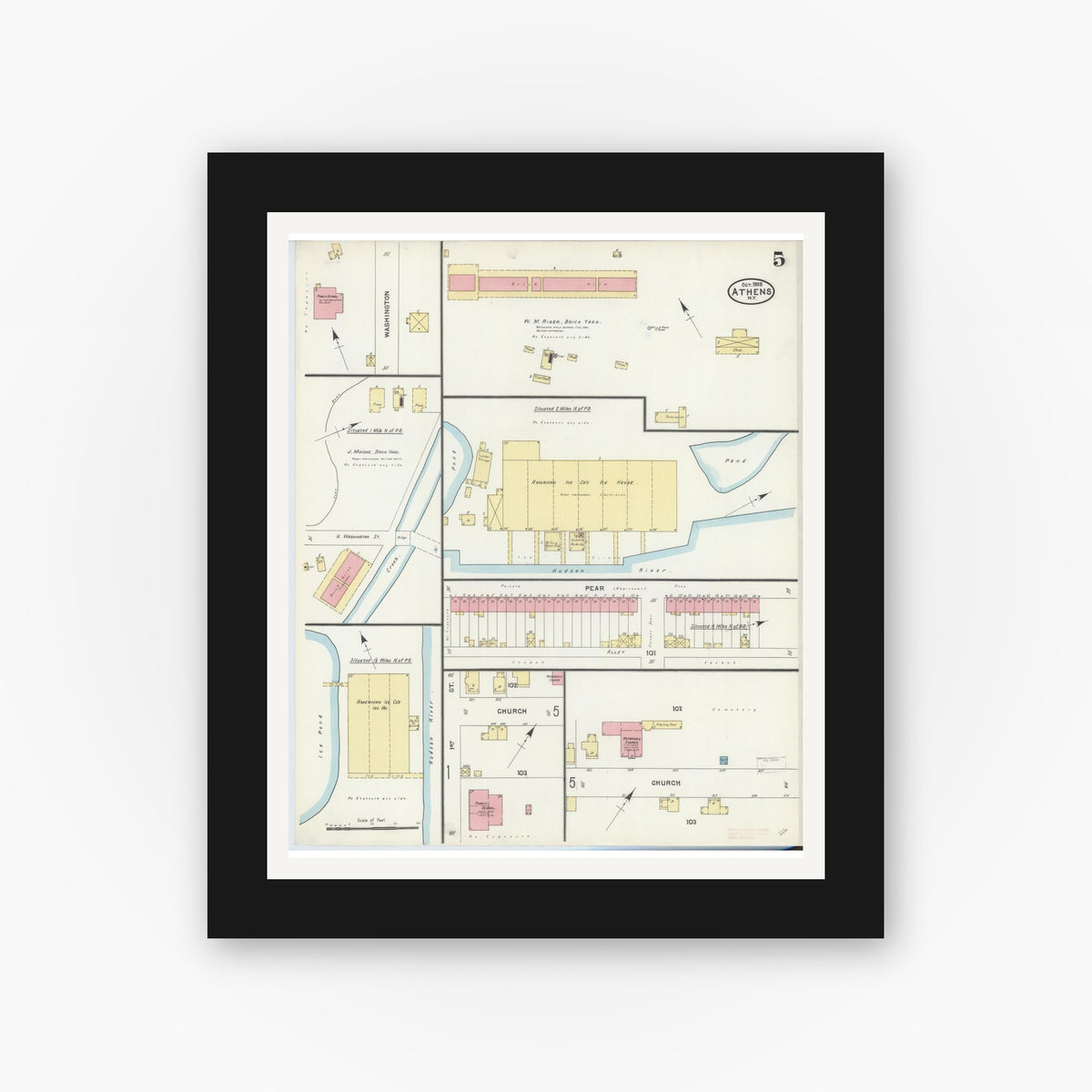 Old map wall art mockup — black gallery frame with white mat — Sanborn Fire Insurance Map from Athens, Greene County, New York (1905), Sheet #0005