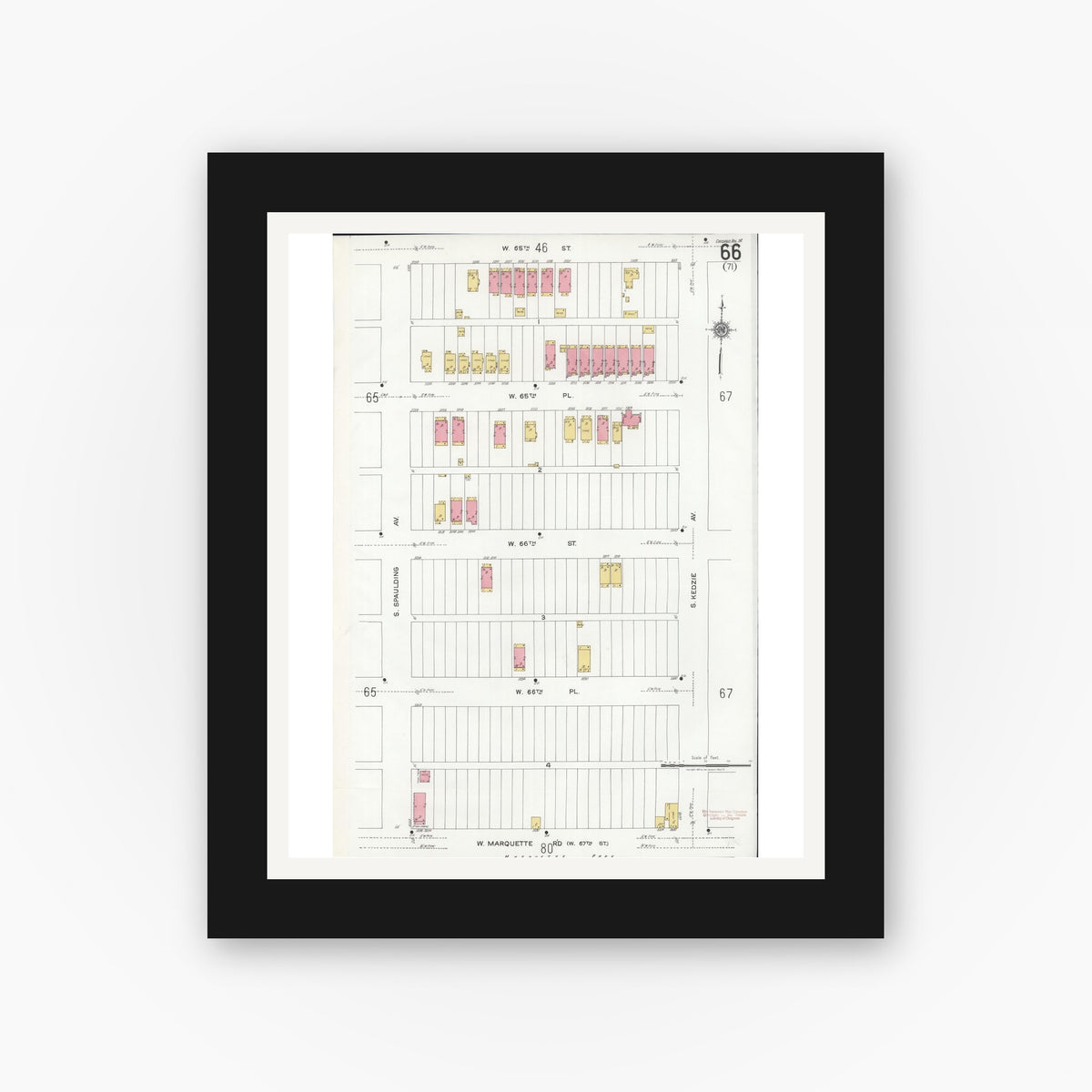 Old map wall art mockup — black gallery frame with white mat — Sanborn Fire Insurance Map from Chicago, Cook County, Illinois (1920), Sheet #0066