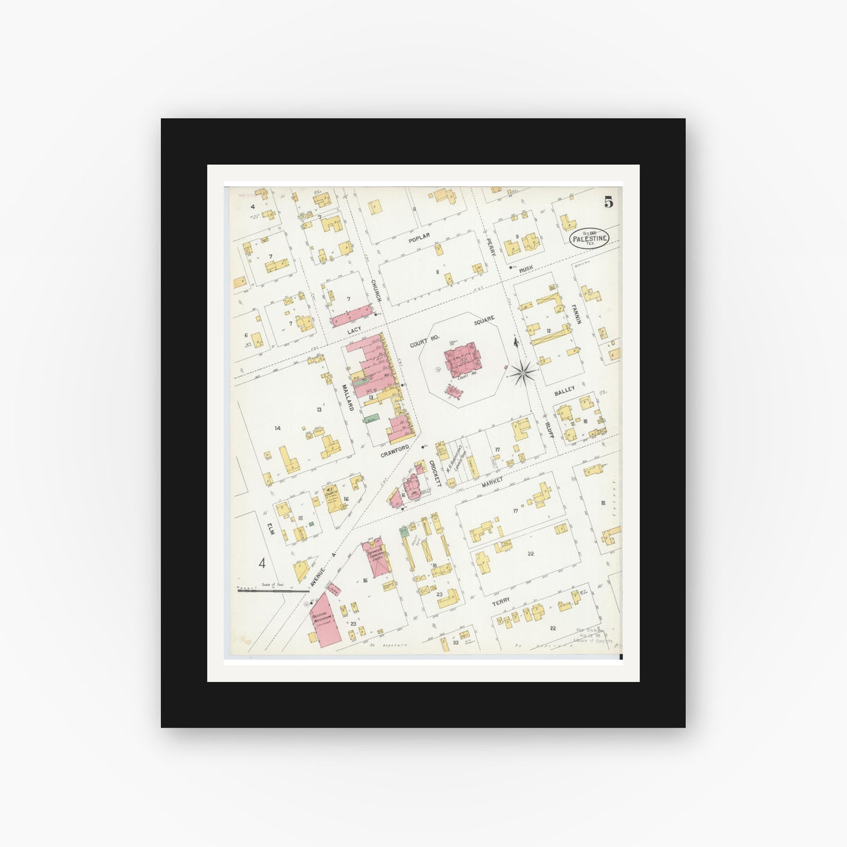 Old map wall art mockup — black gallery frame with white mat — Sanborn Fire Insurance Map from Palestine, Anderson County, Texas (1900), Sheet #0005
