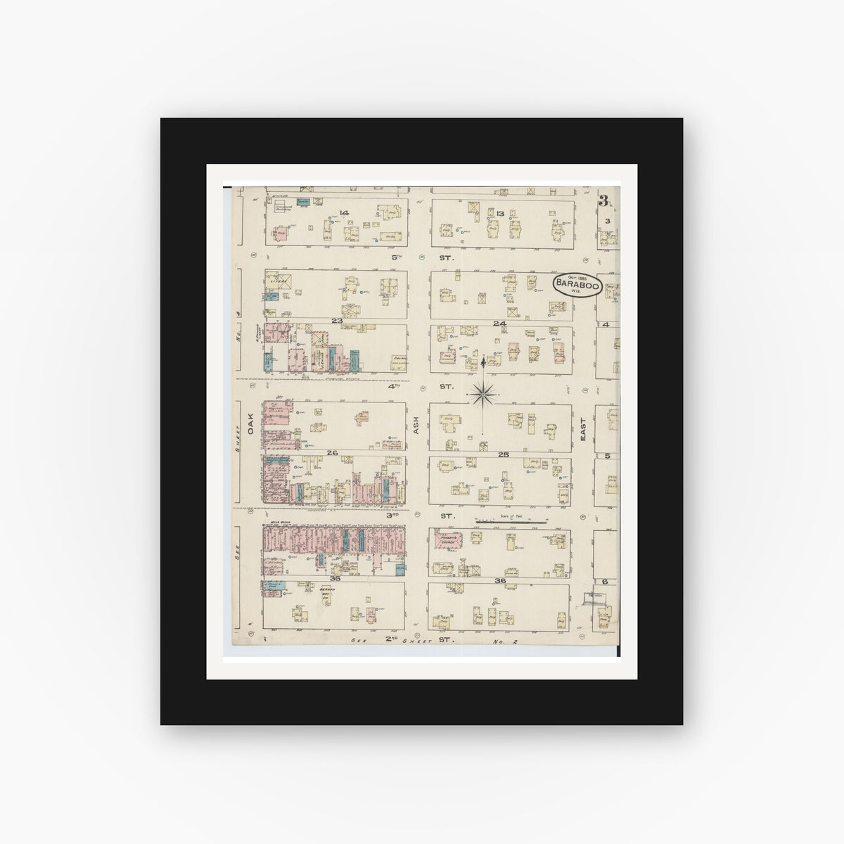 Old map wall art mockup — black gallery frame with white mat — Sanborn Fire Insurance Map from Baraboo, Sauk County, Wisconsin (1885), Sheet #0003