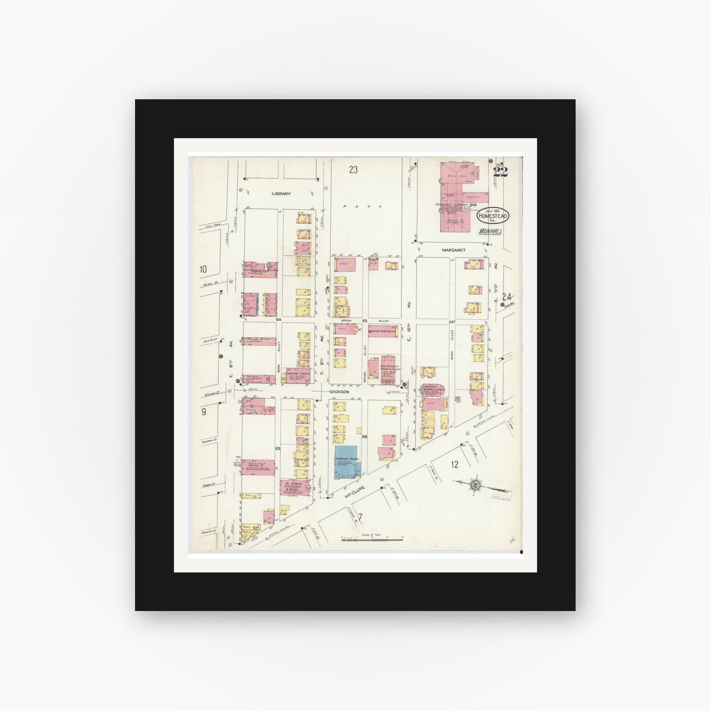 Old map wall art mockup — black gallery frame with white mat — Sanborn Fire Insurance Map from Homestead, Allegheny County, Pennsylvania (1913), Sheet #0022