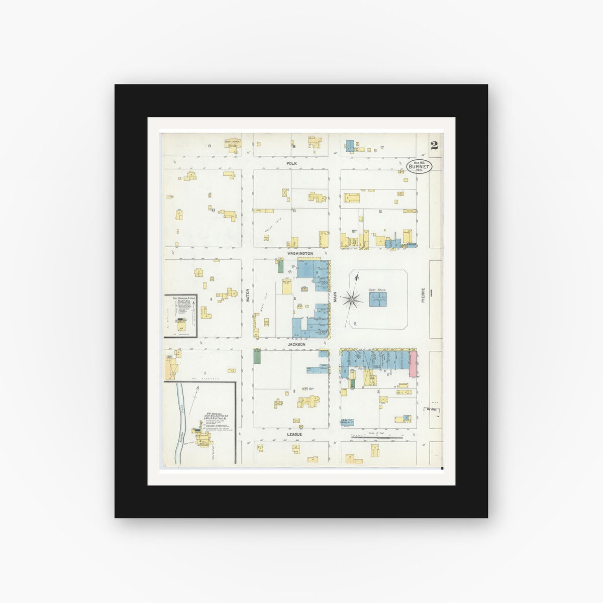 Old map wall art mockup — black gallery frame with white mat — Sanborn Fire Insurance Map from Burnet, Burnet County, Texas (1902), Sheet #0002