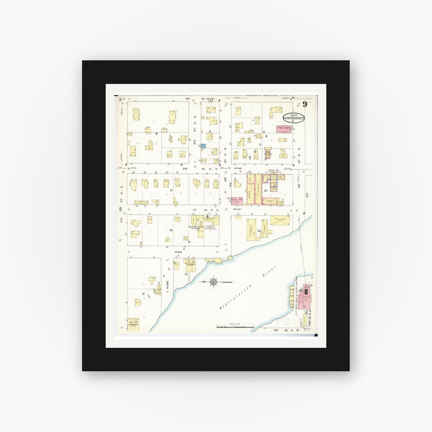 Old map wall art mockup — black gallery frame with white mat — Sanborn Fire Insurance Map from Independence, Buchanan County, Iowa (1913), Sheet #0009