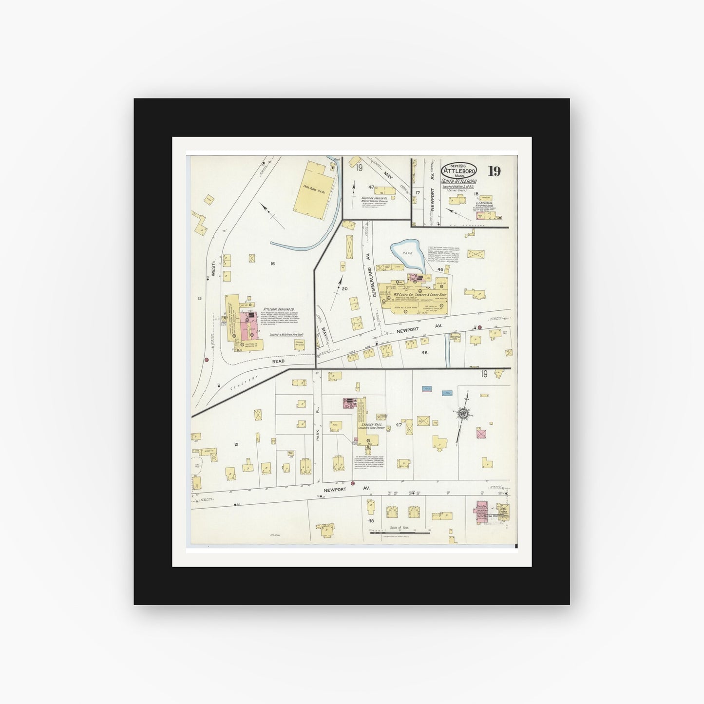 Old map wall art mockup — black gallery frame with white mat — Sanborn Fire Insurance Map from Attleboro, Bristol County, Massachusetts (1916), Sheet #0019