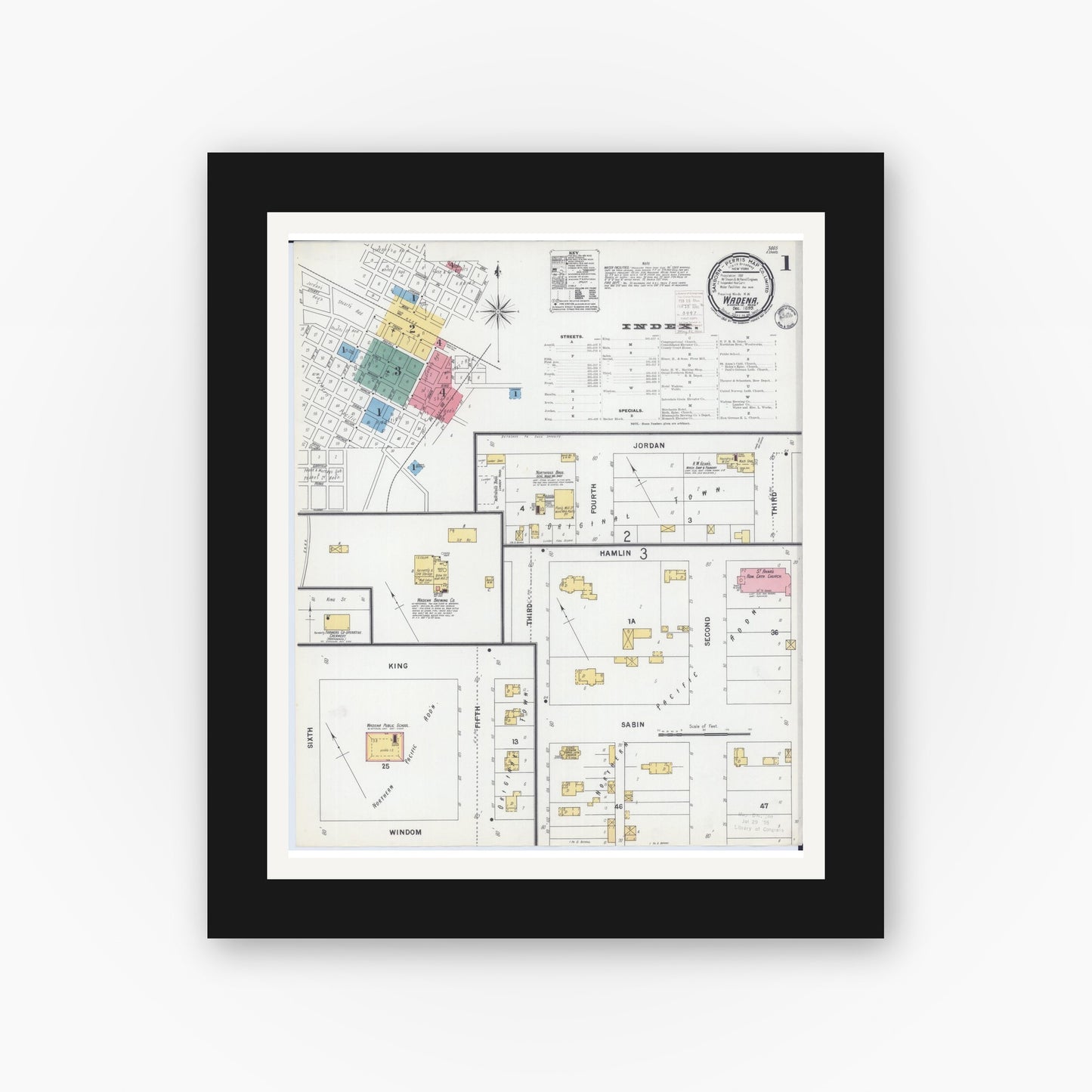 Old map wall art mockup — black gallery frame with white mat — Sanborn Fire Insurance Map from Wadena, Wadena County, Minnesota (1899) - Complete Map Set