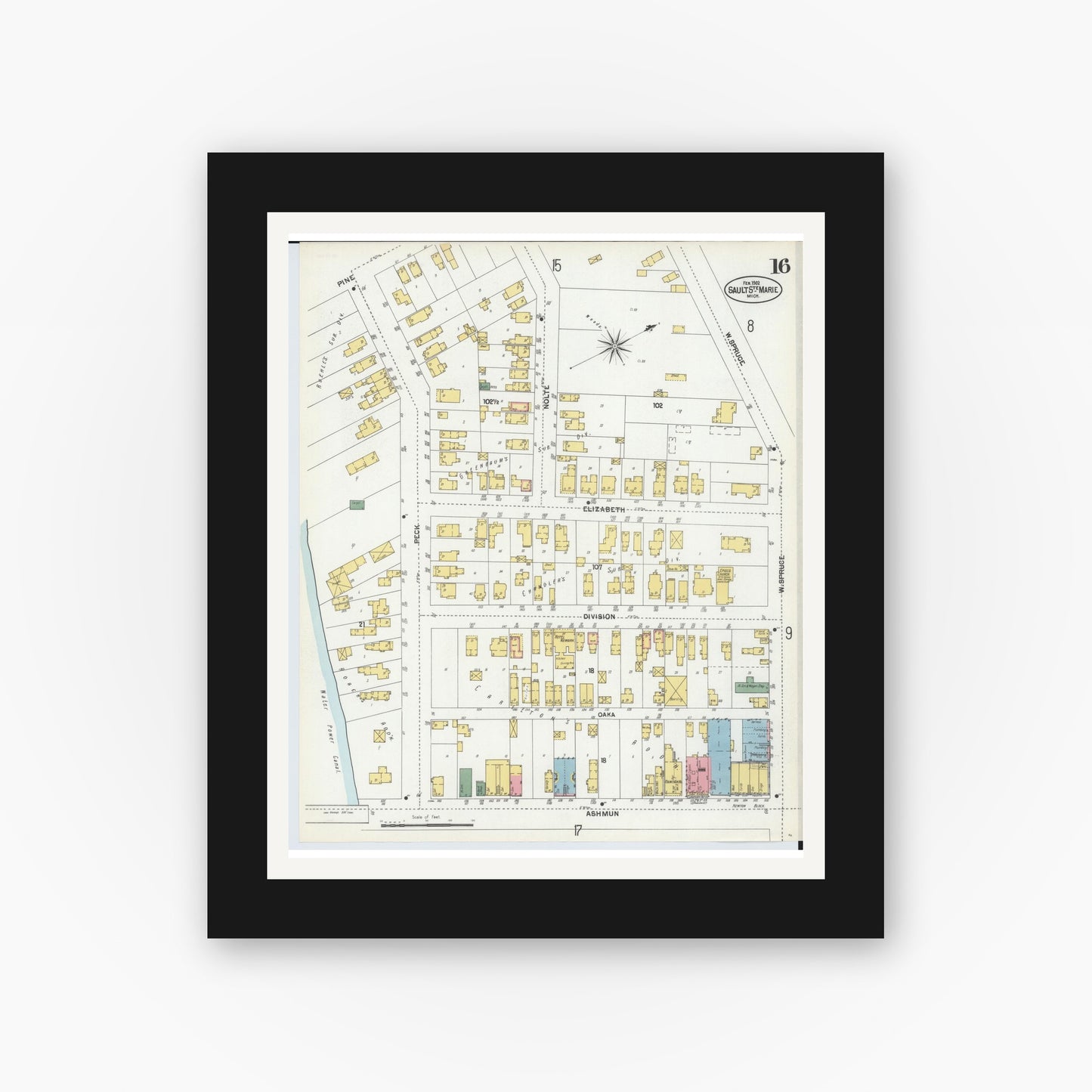 Old map wall art mockup — black gallery frame with white mat — Sanborn Fire Insurance Map from Sault Sainte Marie, Chippewa County, Michigan (1902), Sheet #0016