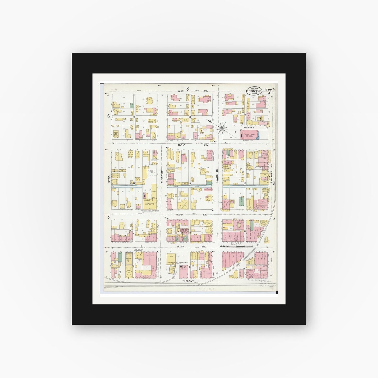 Old map wall art mockup — black gallery frame with white mat — Sanborn Fire Insurance Map from Ironton, Lawrence County, Ohio (1904), Sheet #0007