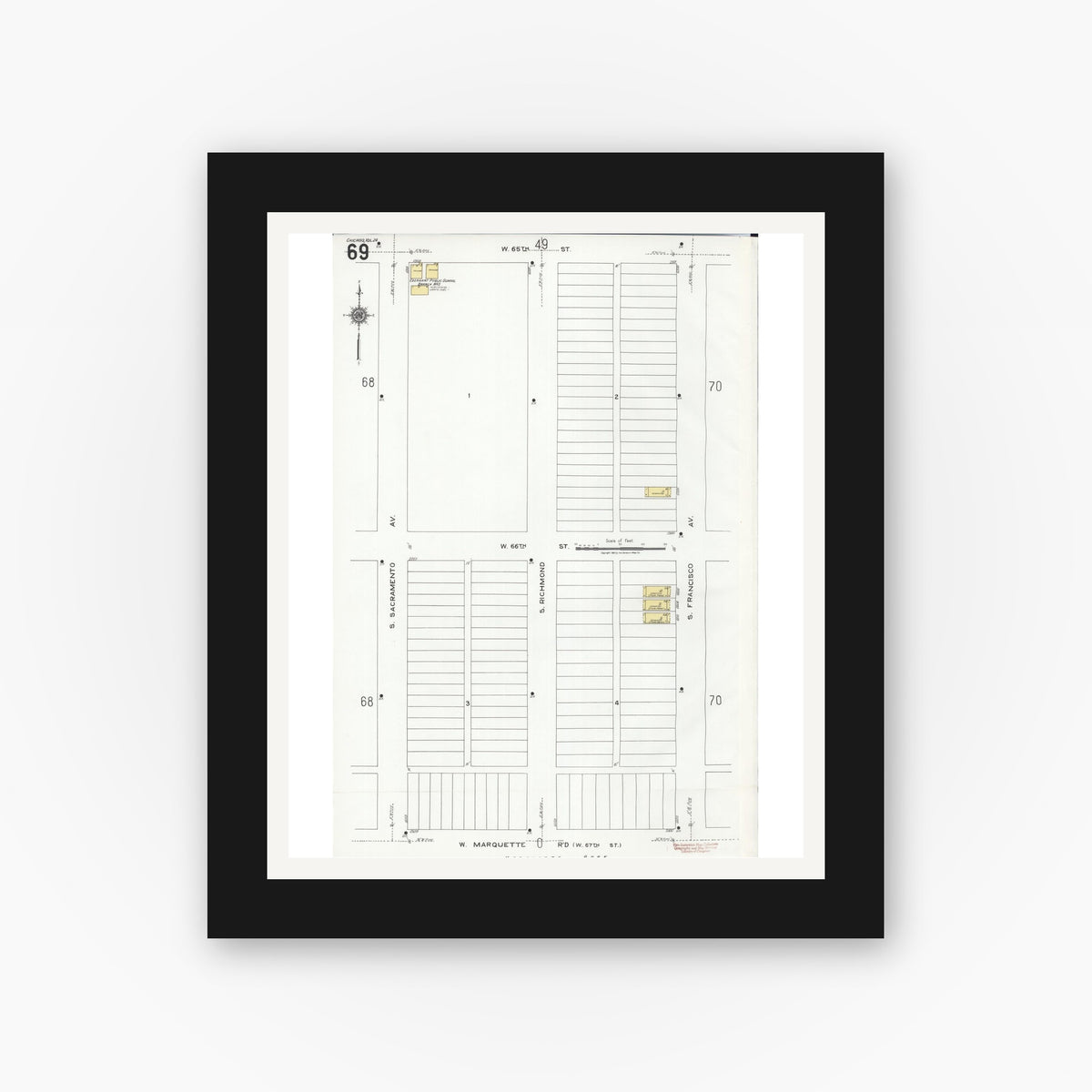 Old map wall art mockup — black gallery frame with white mat — Sanborn Fire Insurance Map from Chicago, Cook County, Illinois (1920), Sheet #0069