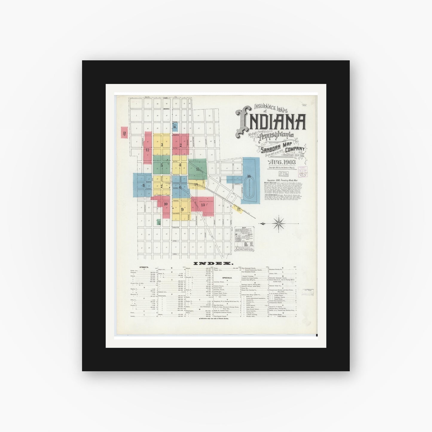 Old map wall art mockup — black gallery frame with white mat — Sanborn Fire Insurance Map from Indiana, Indiana County, Pennsylvania (1903), Sheet #0001