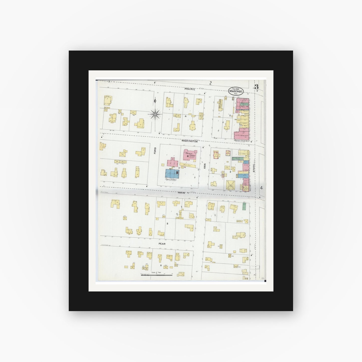 Old map wall art mockup — black gallery frame with white mat — Sanborn Fire Insurance Map from Marengo, McHenry County, Illinois (1905), Sheet #0003