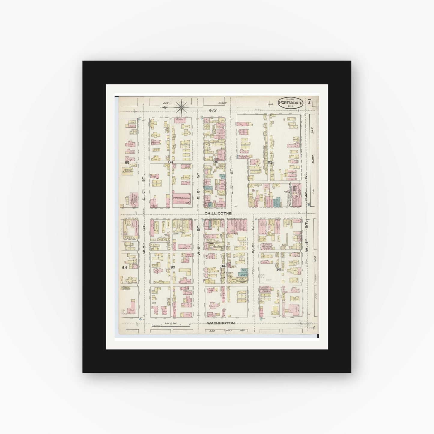 Old map wall art mockup — black gallery frame with white mat — Sanborn Fire Insurance Map from Portsmouth, Scioto County, Ohio (1884), Sheet #0007