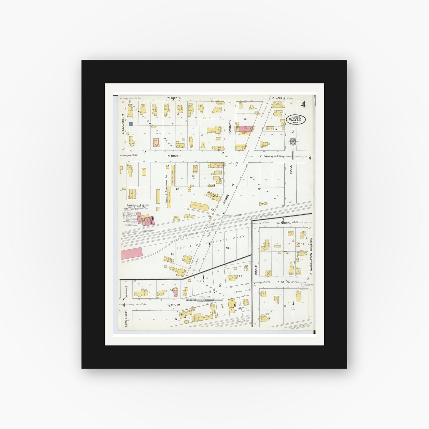 Old map wall art mockup — black gallery frame with white mat — Sanborn Fire Insurance Map from Wayne, Wayne County, Michigan (1919), Sheet #0004