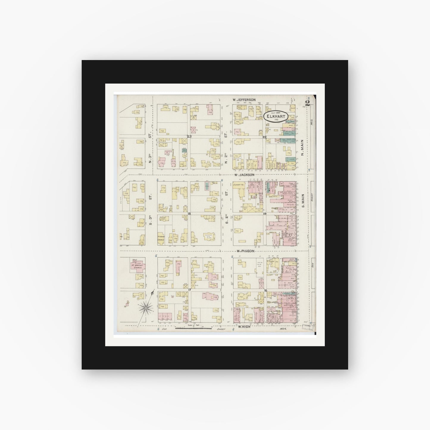 Old map wall art mockup — black gallery frame with white mat — Sanborn Fire Insurance Map from Elkhart, Elkhart County, Indiana (1889), Sheet #0002