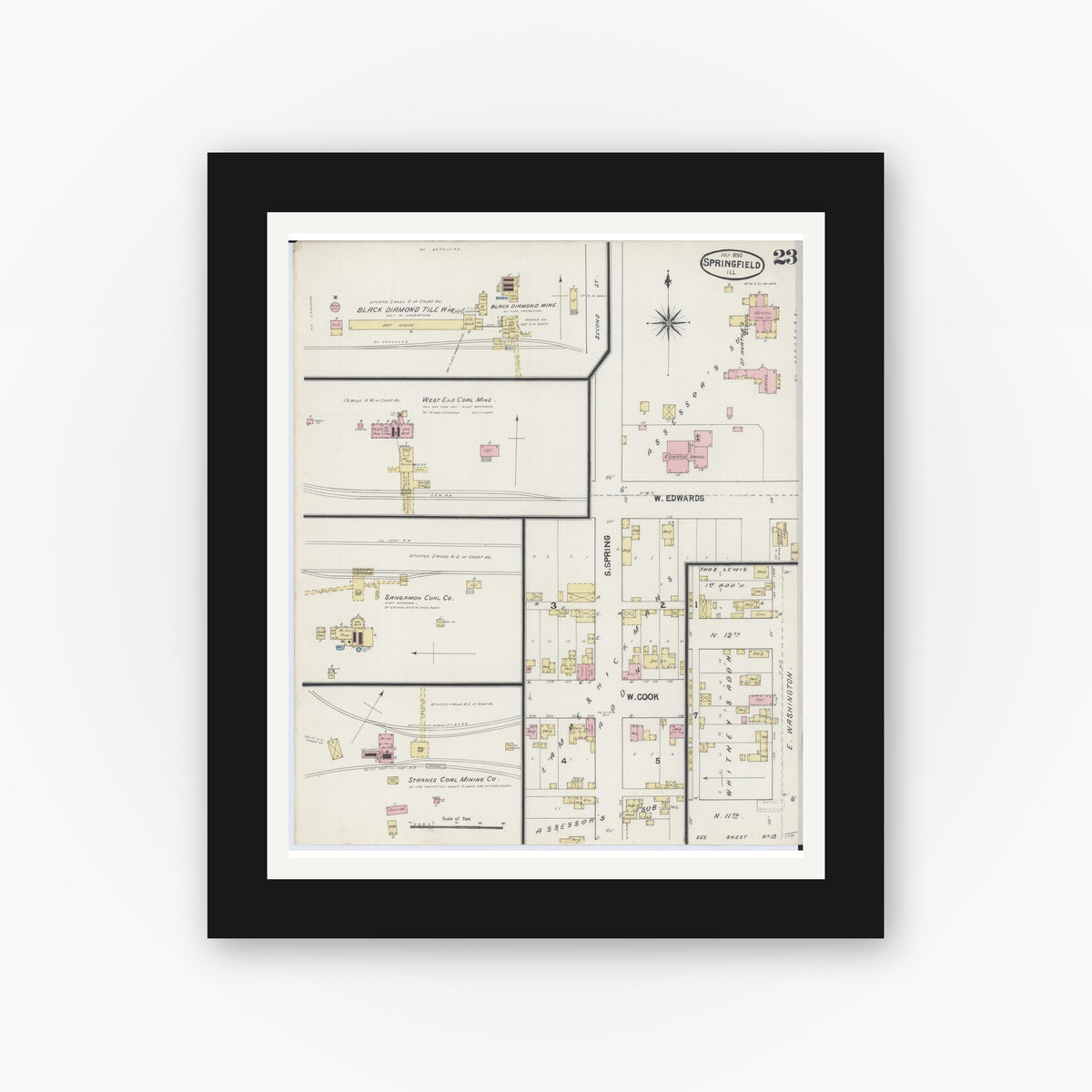 Old map wall art mockup — black gallery frame with white mat — Sanborn Fire Insurance Map from Springfield, Sangamon County, Illinois (1890), Sheet #0023
