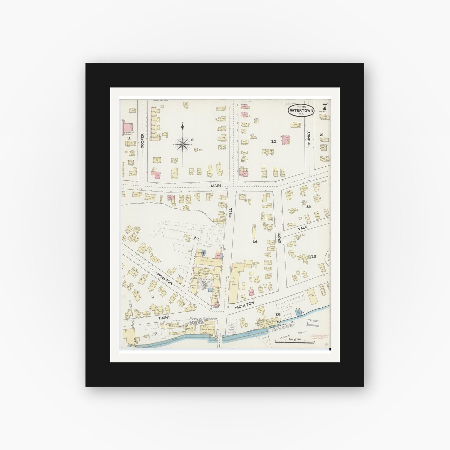 Old map wall art mockup — black gallery frame with white mat — Sanborn Fire Insurance Map from Watertown, Jefferson County, New York (1890), Sheet #0007