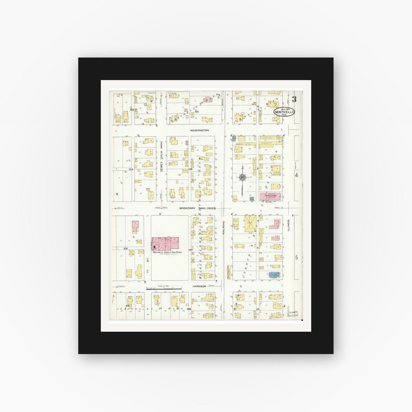 Old map wall art mockup — black gallery frame with white mat — Sanborn Fire Insurance Map from Monticello, White County, Indiana (1909), Sheet #0003