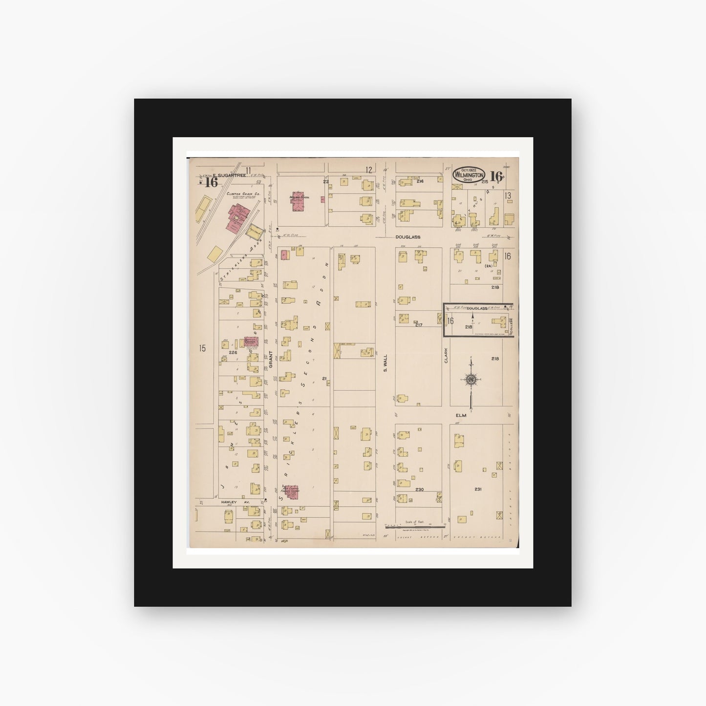 Old map wall art mockup — black gallery frame with white mat — Sanborn Fire Insurance Map from Wilmington, Clinton County, Ohio (1922), Sheet #0016