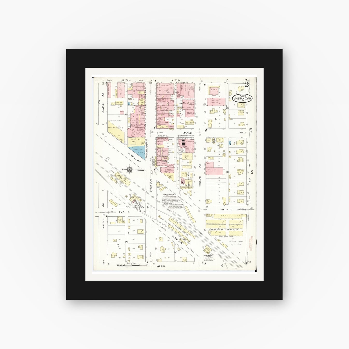 Old map wall art mockup β black gallery frame with white mat β Sanborn Fire Insurance Map from Shenandoah, Page County, Iowa (1914), Sheet #0002