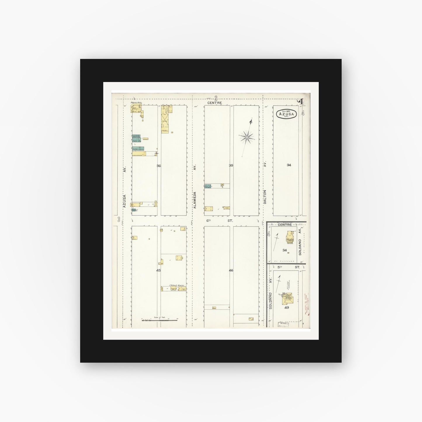 Old map wall art mockup — black gallery frame with white mat — Sanborn Fire Insurance Map from Azusa, Los Angeles County, California (1892), Sheet #0004