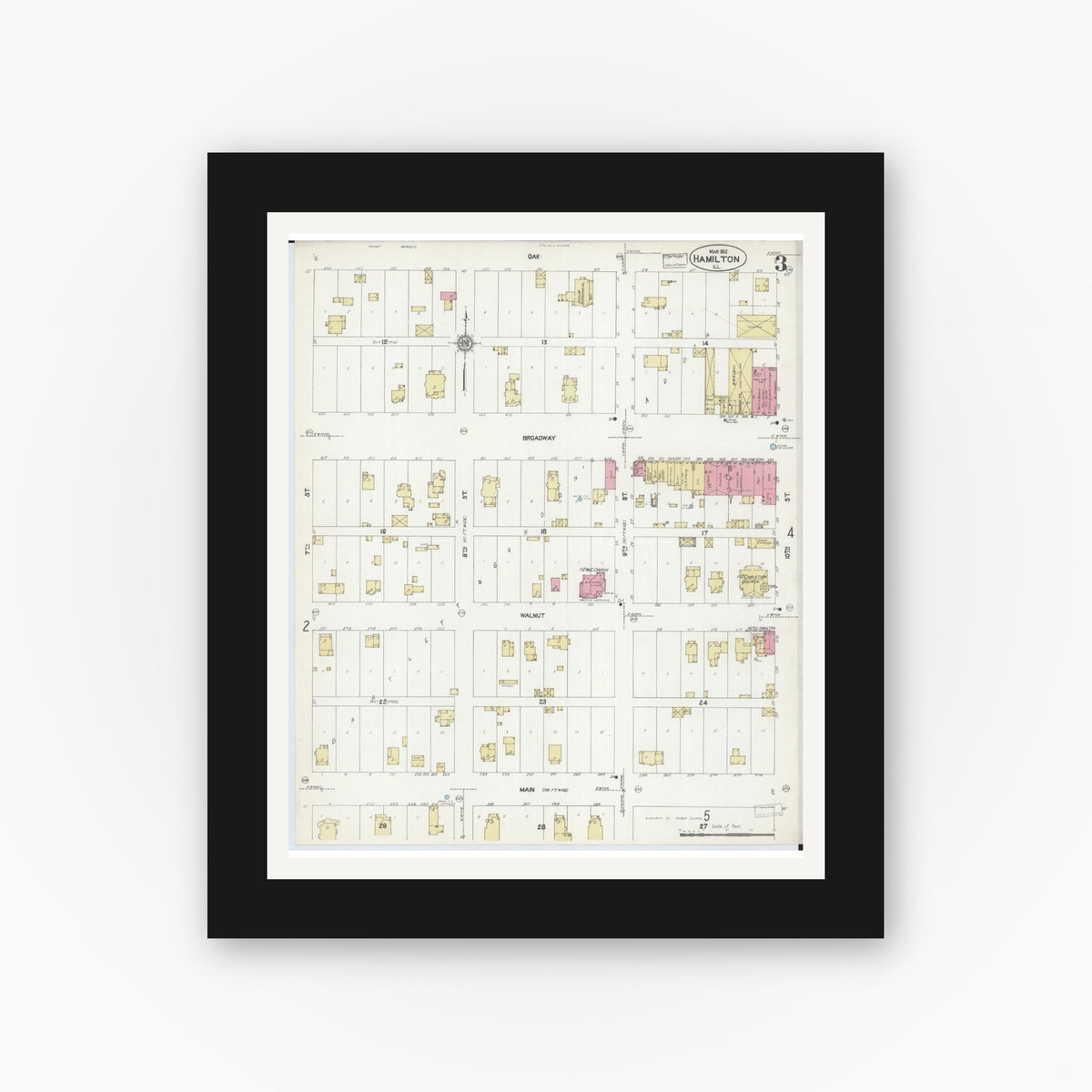 Old map wall art mockup — black gallery frame with white mat — Sanborn Fire Insurance Map from Hamilton, Hancock County, Illinois (1912), Sheet #0003