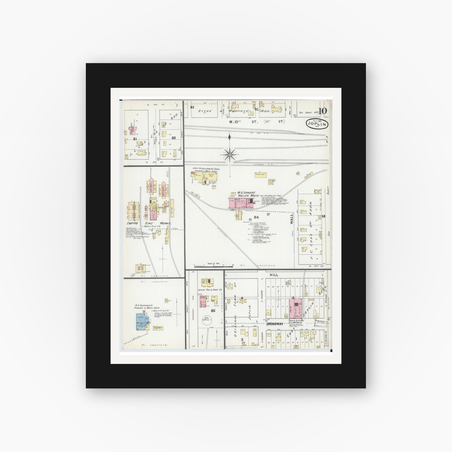 Old map wall art mockup — black gallery frame with white mat — Sanborn Fire Insurance Map from Joplin, Jasper County, Missouri (1891), Sheet #0010