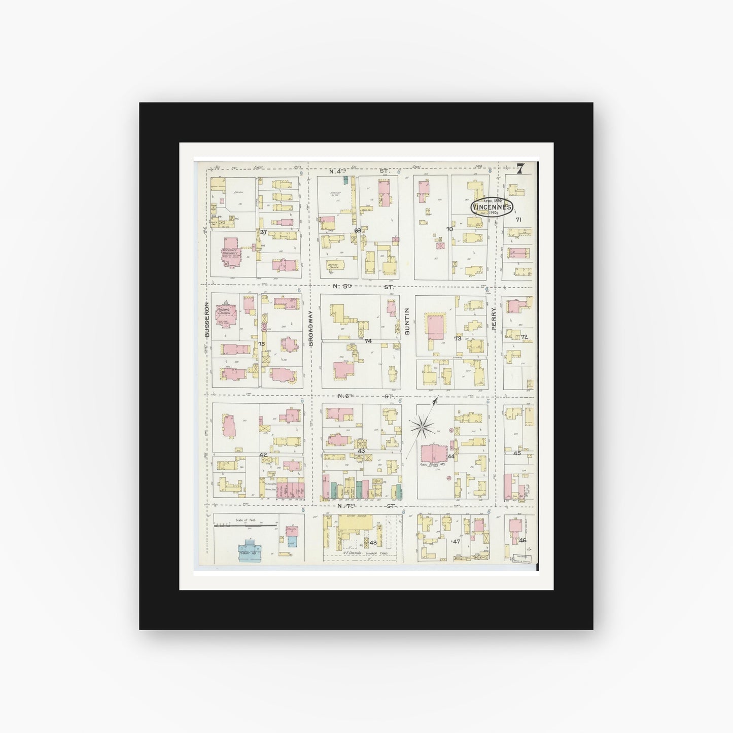 Old map wall art mockup — black gallery frame with white mat — Sanborn Fire Insurance Map from Vincennes, Knox County, Indiana (1892), Sheet #0007