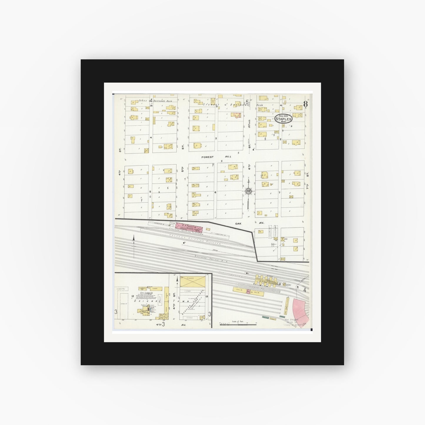 Old map wall art mockup — black gallery frame with white mat — Sanborn Fire Insurance Map from Staples, Todd County, Minnesota (1909), Sheet #0008