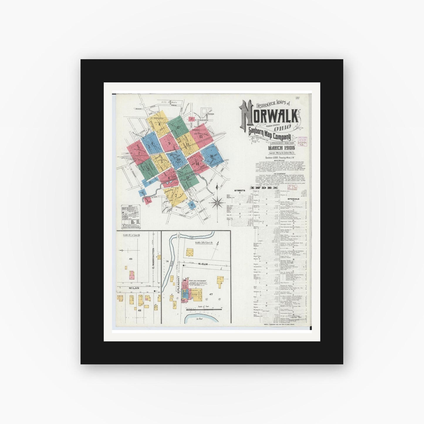 Old map wall art mockup — black gallery frame with white mat — Sanborn Fire Insurance Map from Norwalk, Huron County, Ohio (1906) - Complete Map Set
