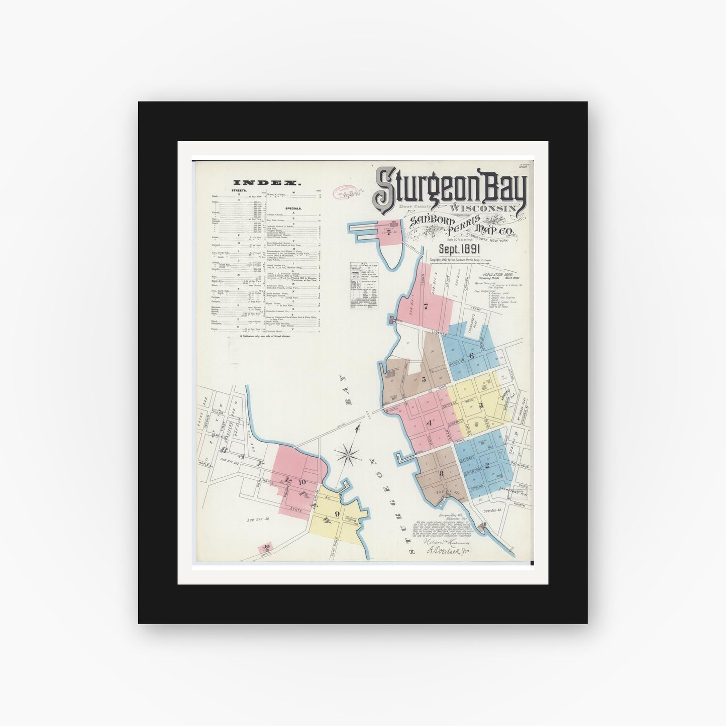 Old map wall art mockup — black gallery frame with white mat — Sanborn Fire Insurance Map from Sturgeon Bay, Door County, Wisconsin (1891) - Complete Map Set