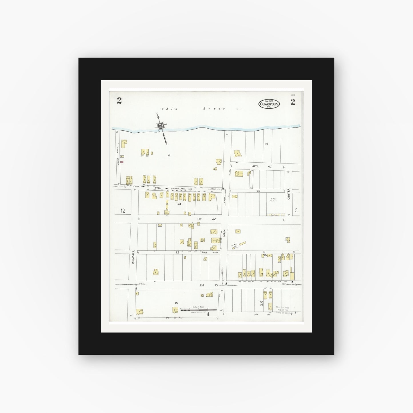 Old map wall art mockup — black gallery frame with white mat — Sanborn Fire Insurance Map from Coraopolis, Allegheny County, Pennsylvania (1924), Sheet #0002