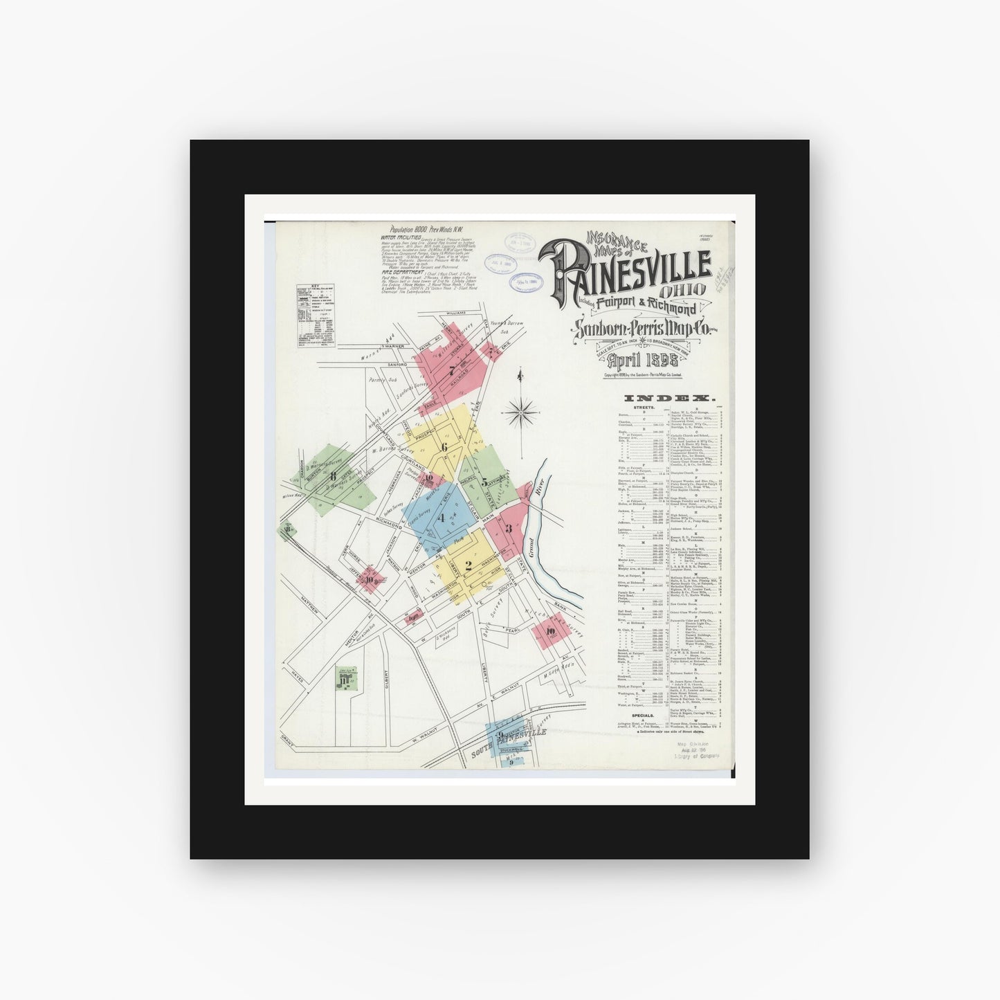 Old map wall art mockup — black gallery frame with white mat — Sanborn Fire Insurance Map from Painesville, Lake County, Ohio (1898) - Complete Map Set
