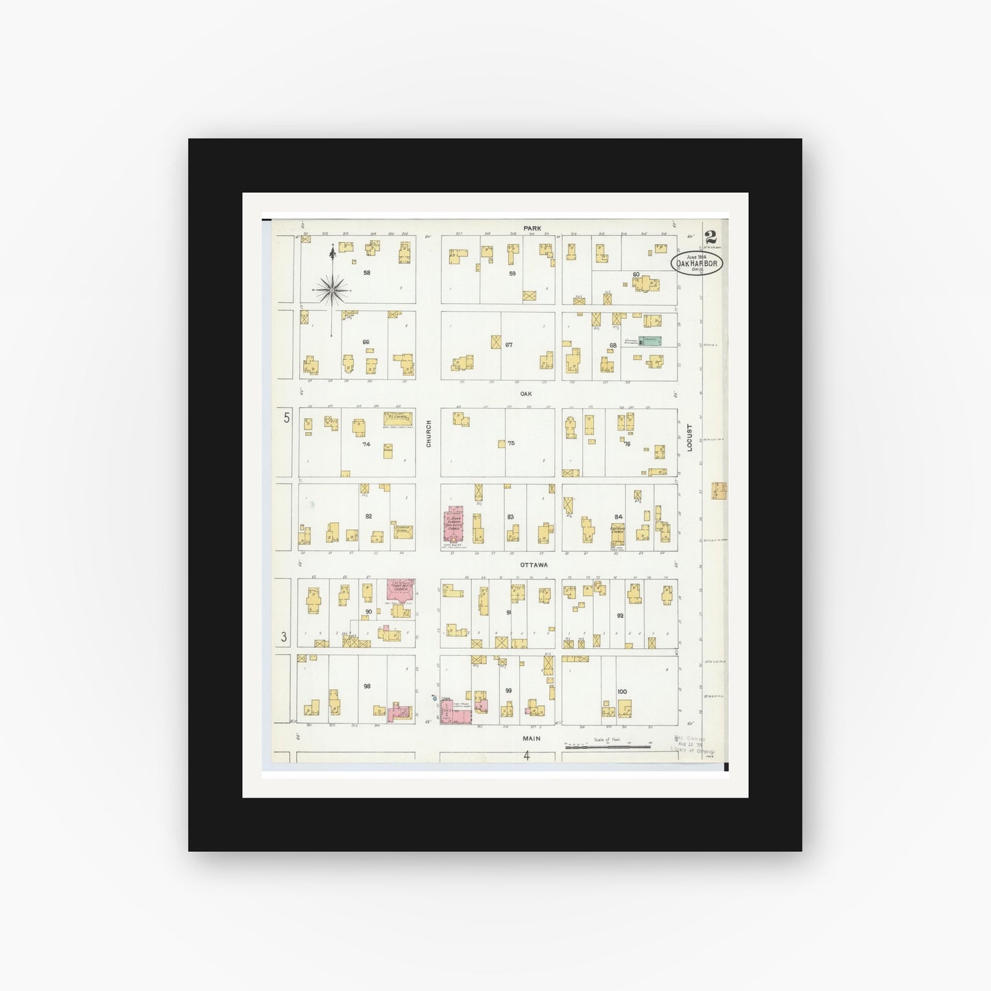 Old map wall art mockup — black gallery frame with white mat — Sanborn Fire Insurance Map from Oak Harbor, Ottawa County, Ohio (1904), Sheet #0002