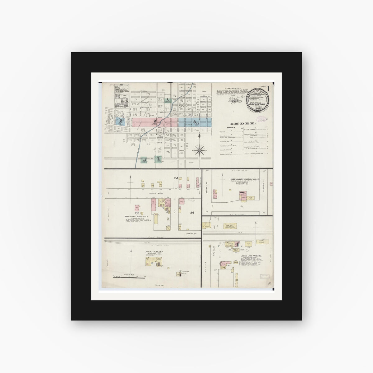 Old map wall art mockup — black gallery frame with white mat — Sanborn Fire Insurance Map from Mascoutah, Saint Clair County, Illinois (1888), Sheet #0001