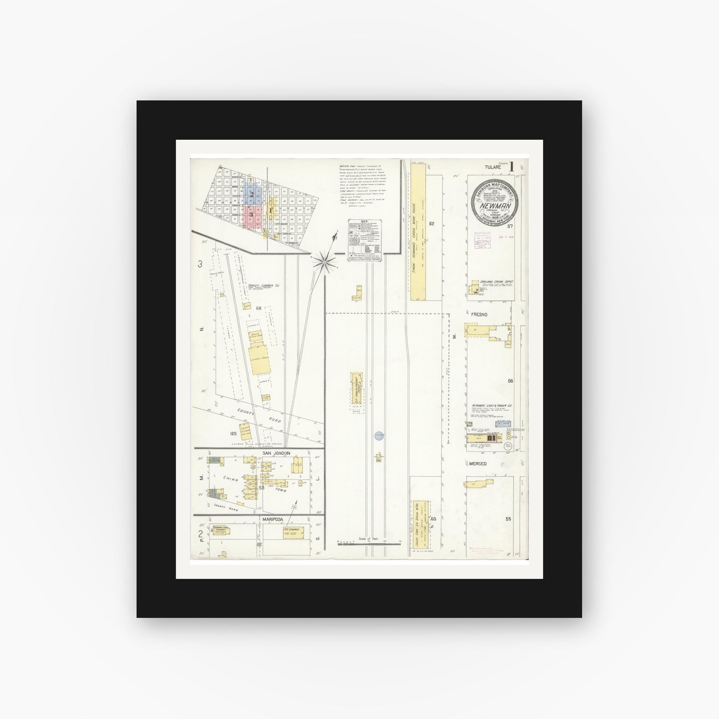 Old map wall art mockup — black gallery frame with white mat — Sanborn Fire Insurance Map from Newman, Stanislaus County, California (1908) - Complete Map Set