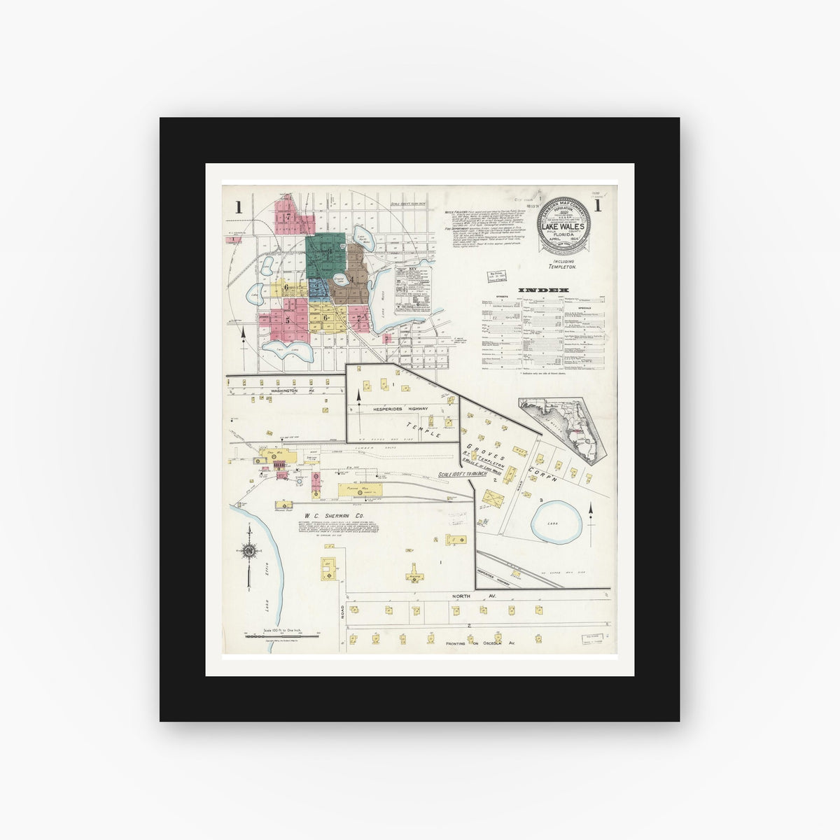 Old map wall art mockup — black gallery frame with white mat — Sanborn Fire Insurance Map from Lake Wales, Polk County, Florida (1924) - Complete Map Set