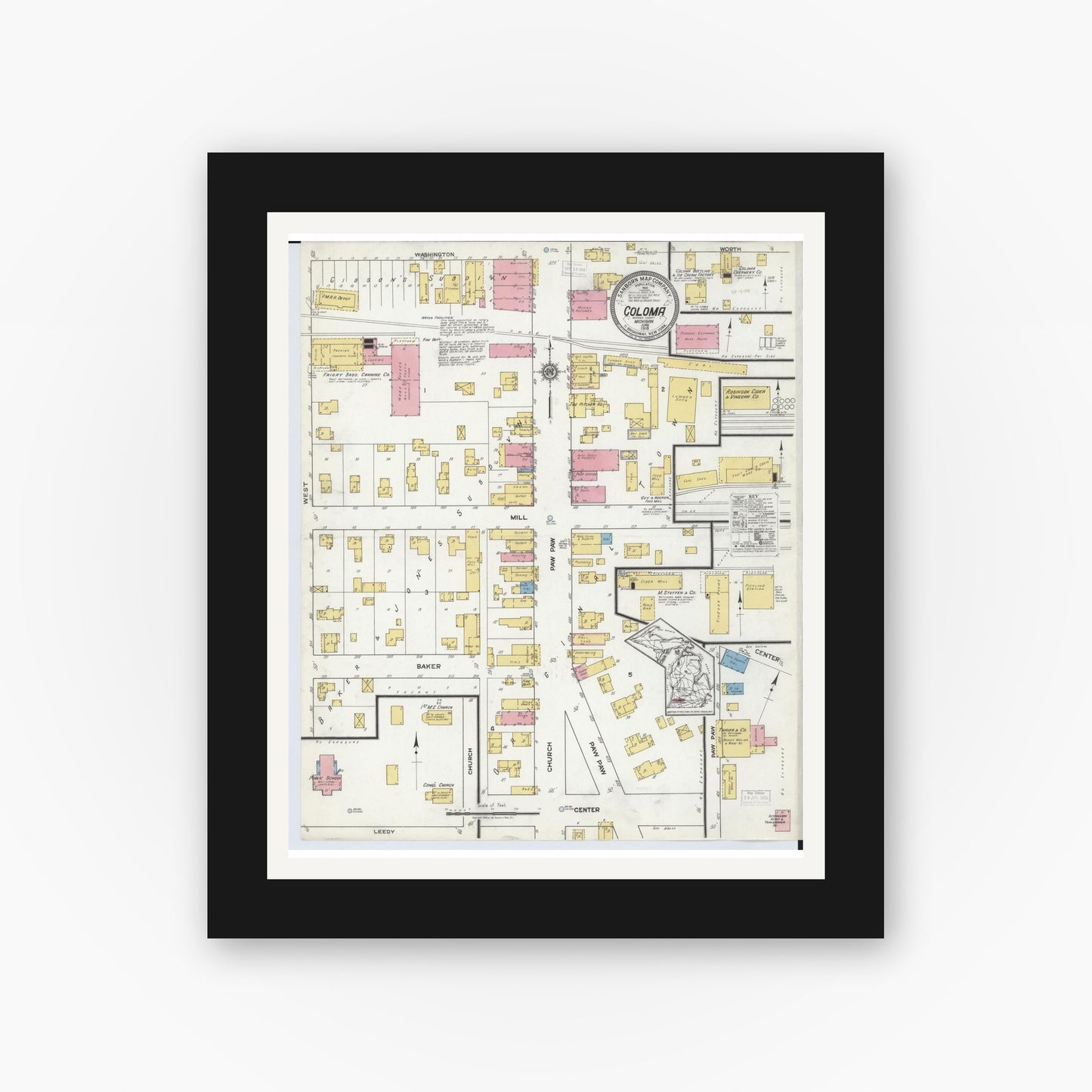 Old map wall art mockup — black gallery frame with white mat — Sanborn Fire Insurance Map from Coloma, Berrien County, Michigan (1918), Sheet #0001